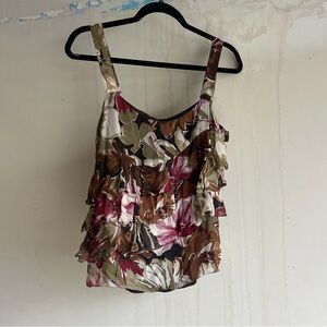 Silk Express Floral Ruffle Camisole - Brown, Pink, Green